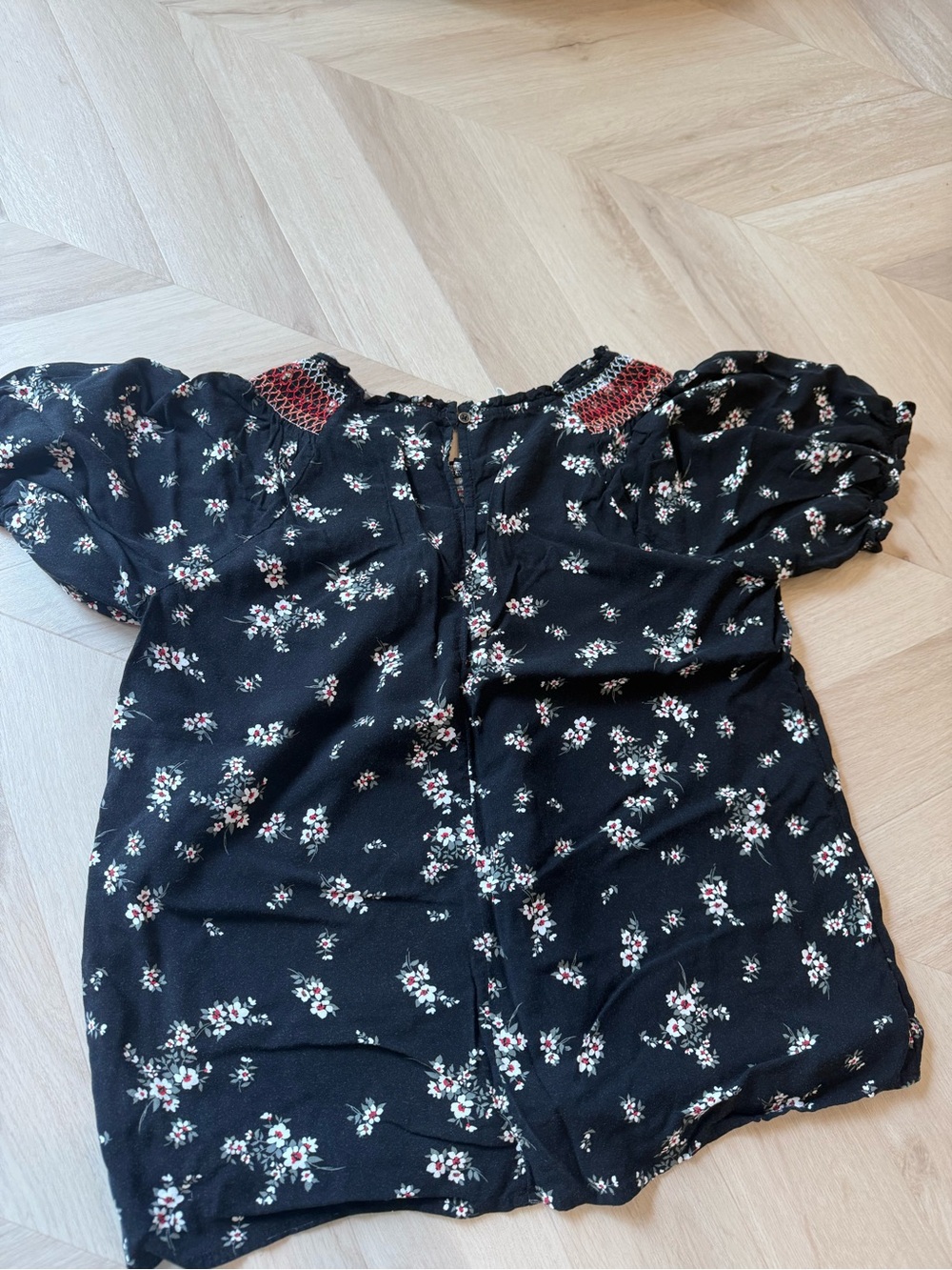 Maurices Black Floral Smocked Neck Puff Sleeve Top - Picture 3 of 3